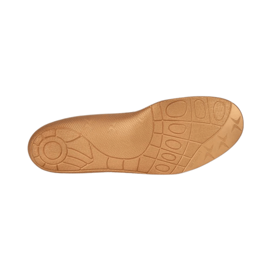 Tan molded shoe orthotic insole with textured tread pattern on the underside
