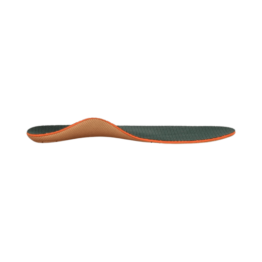 Profile view of a dark green and orange orthotic insole