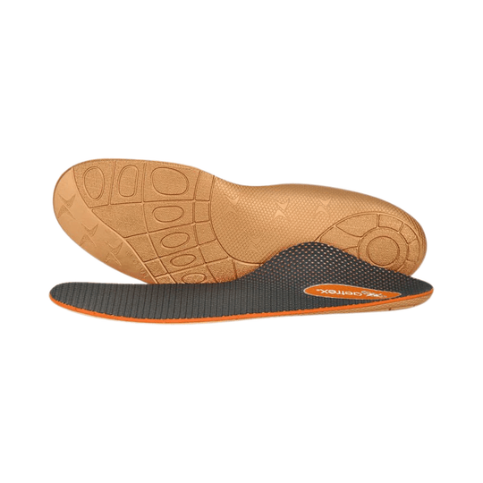 Orange and black shoe insoles with textured tread on the underside