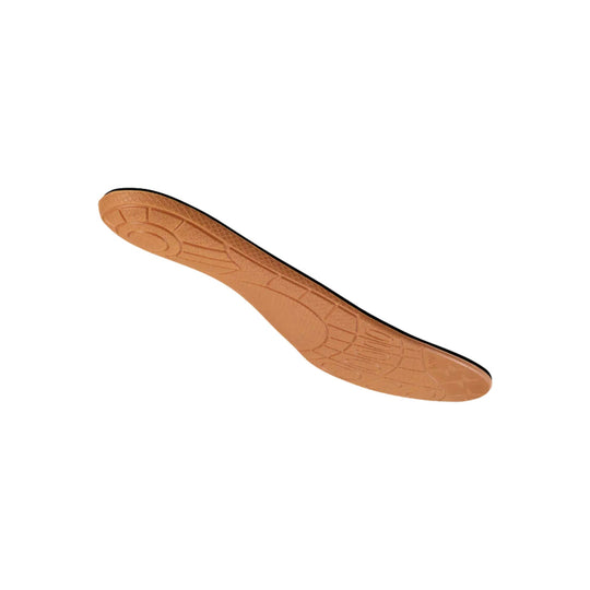 Peach-colored orthotic insole with textured underside and black trim