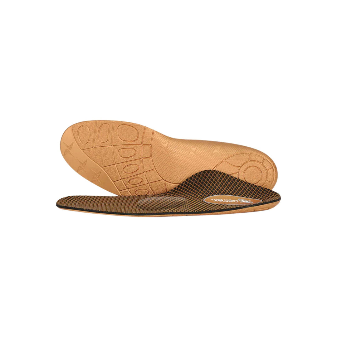 Pair of tan and black textured orthotic insoles with arch support, shown top and bottom views