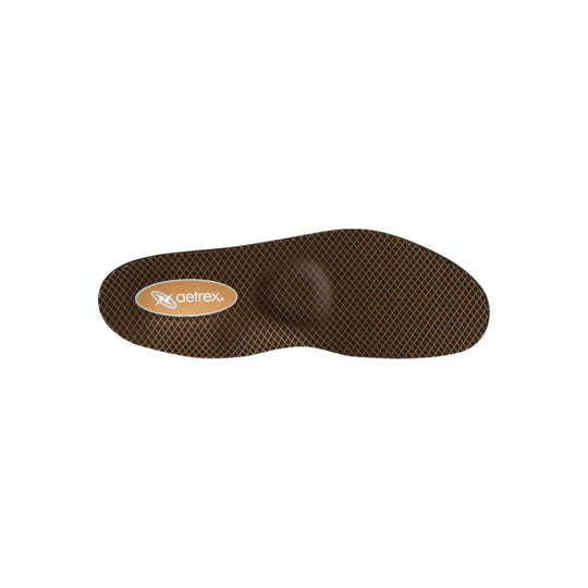 Brown patterned orthotic insole with an Aetrex logo label