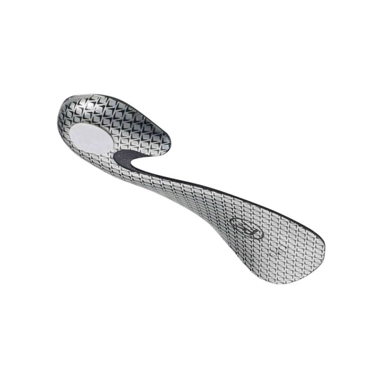 Grey and black contoured shoe insole with textured pattern and arch support