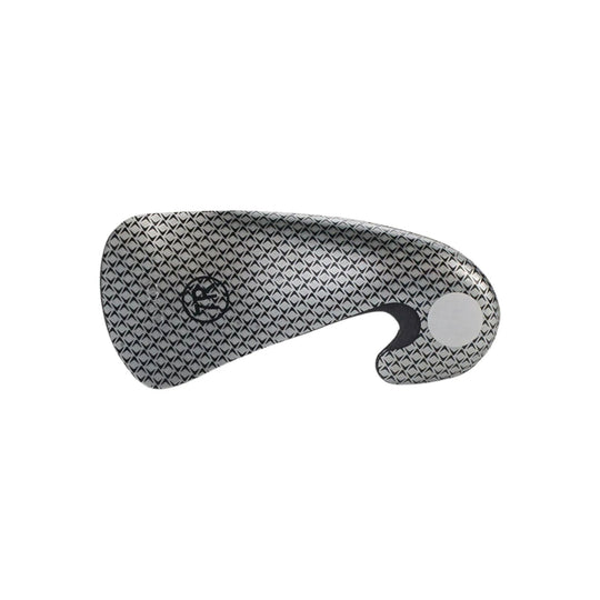 Grey and black patterned orthotic insert with a curved arch support and circular heel pad