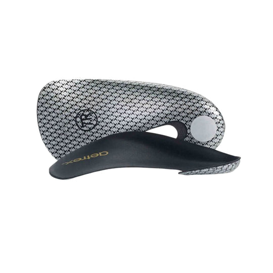 Pair of black and gray orthotic insoles with patterned tops and visible Aetrex branding