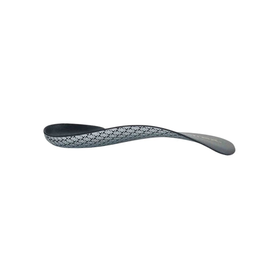 Grey-and-black curved orthotic insole with patterned arch support