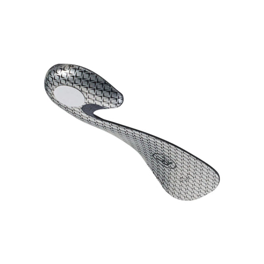 Grey and black shoe insole with patterned surface, heel cutout, and raised midfoot support