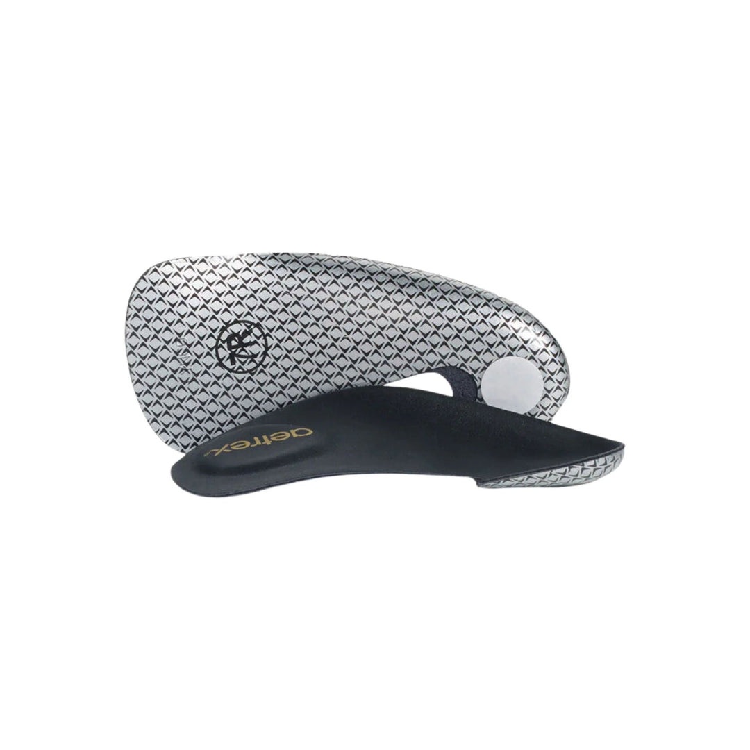 Black and gray orthotic insoles with metatarsal support, shown front and back