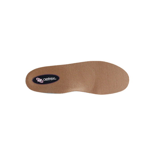 Brown textured orthotic insole with black Aetrex logo patch