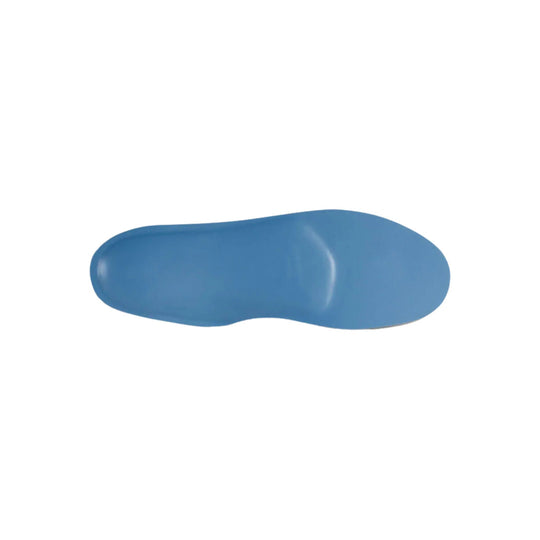 Blue orthotic shoe insert on a white background