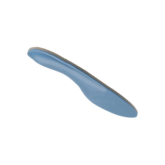 Blue contoured orthotic insole with a tan foam edge