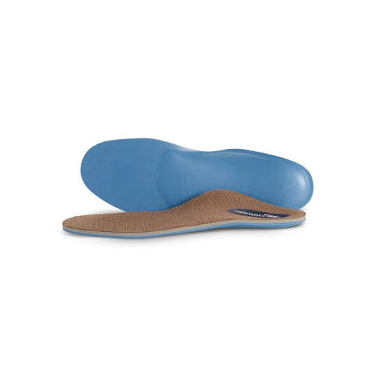 Blue contoured orthotic insert with tan woven top and visible Aetrex logo