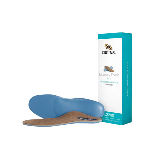 Pair of blue contoured shoe insoles with arch support