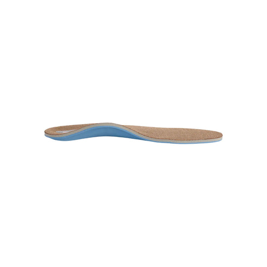 Tan textured orthotic insole with a blue cushioned base, shown in side view
