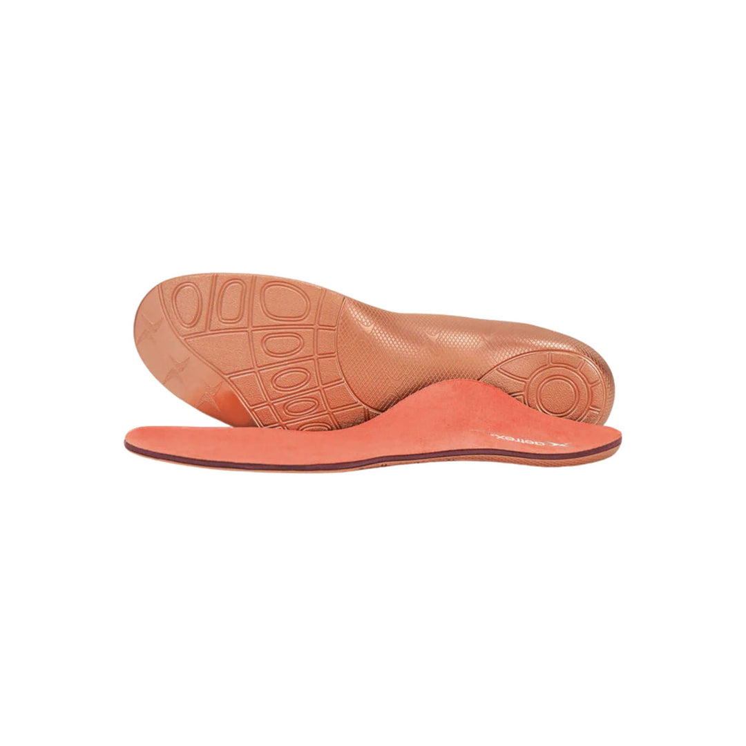 Peach orthotic insoles shown front and back, with a contoured arch and textured underside