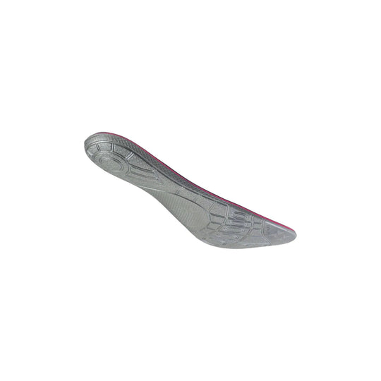 Gray running shoe insole with pink edge, shown from the underside
