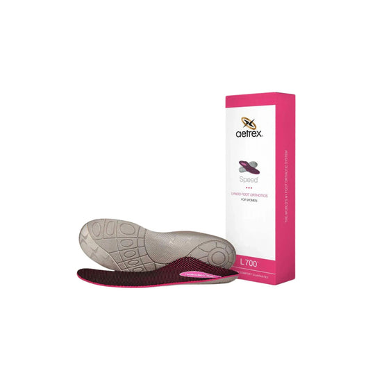 Pink and gray orthotic insoles with a product box labeled L700