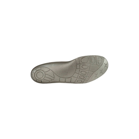 Gray orthotic insole outsole with segmented traction patterns and circular heel design, shown from the bottom