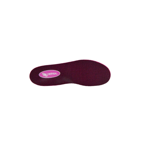 Pink and black patterned shoe insole with an Aetrex logo label