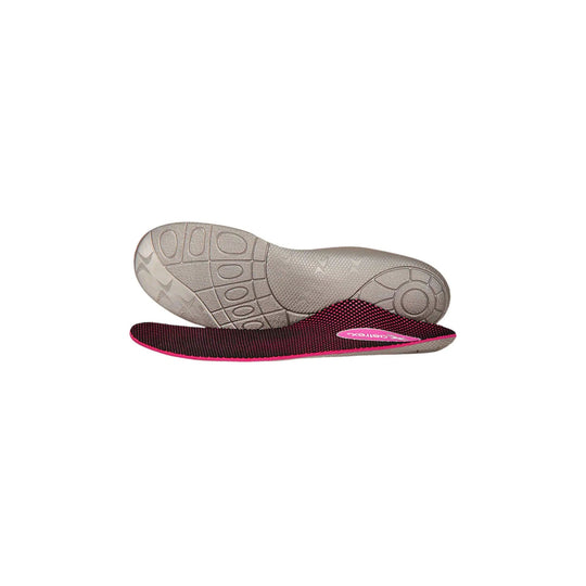 Pink and black orthotic insoles, one showing the gray textured underside