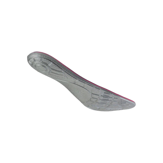 Gray orthotic shoe insert with textured outsole and pink trim, shown from below at an angle
