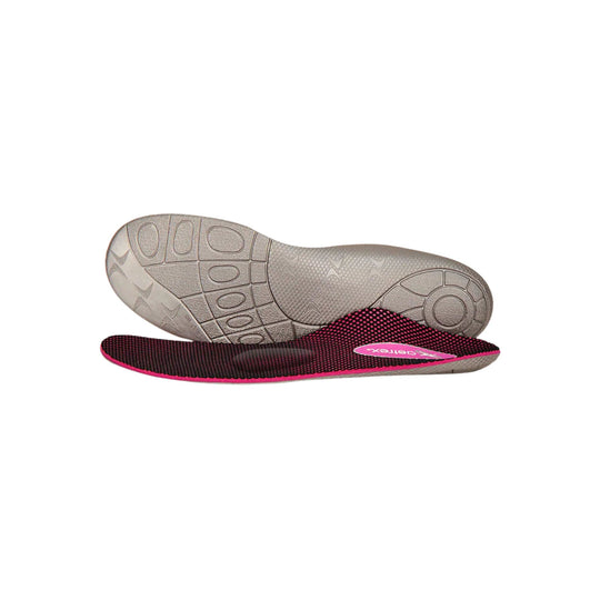 Pair of orthotic insoles with gray textured tops and pink trim, one showing the black grippy underside