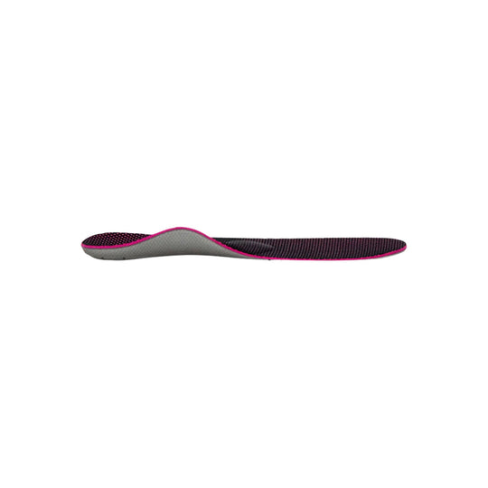 Slim orthotic insole with gray arch support, black textured top, and pink trim