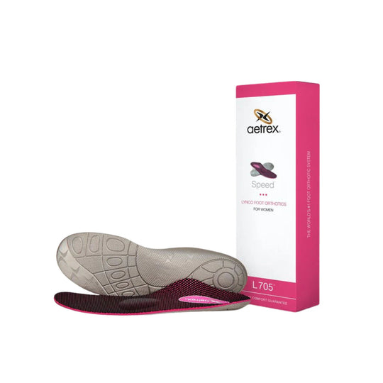 Pink and gray orthotic insoles with a matching box labeled Speed and L705