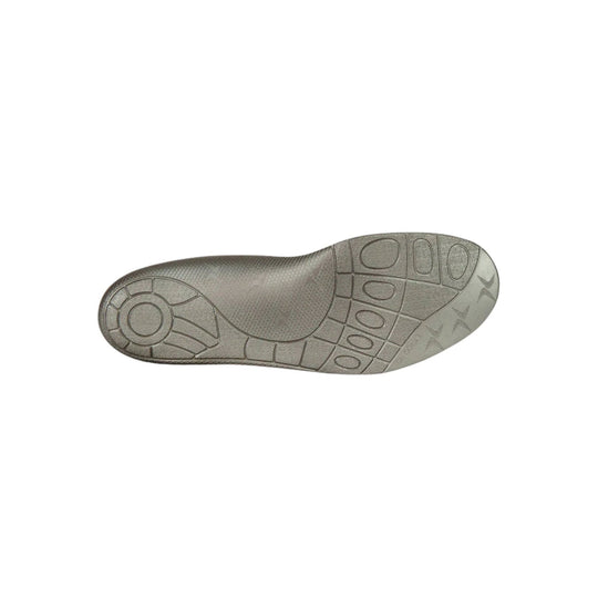 Gray orthotic insole outsole with segmented tread and embossed Ortholite text