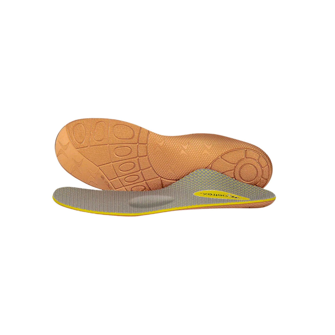 Gray and yellow arch-support orthotic insoles, shown top and bottom views