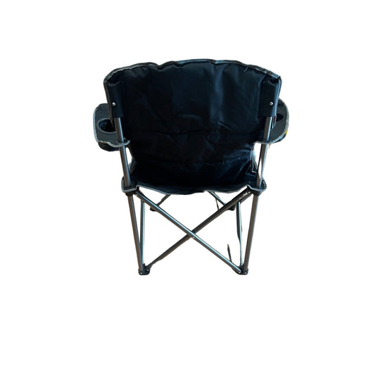 Black folding camping chair shown from the back with cup holders on both armrests