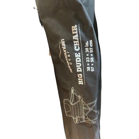 Black carrying bag for a folding camp chair with line drawing and size text