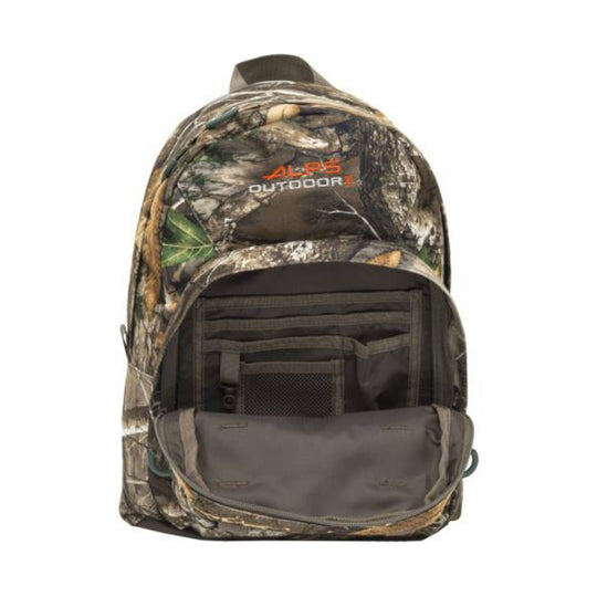 Camouflage backpack with front zip pocket and mesh organizer panel