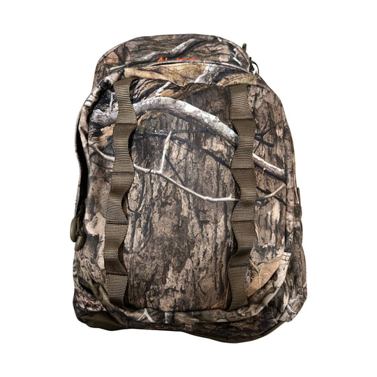 Camouflage backpack with front zip pocket, two vertical webbing straps, and orange logo text near the top