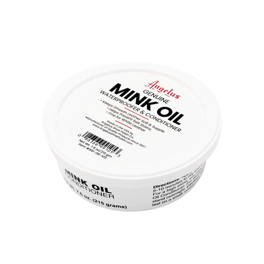 White round tub labeled Mink Oil Waterproofer & Conditioner