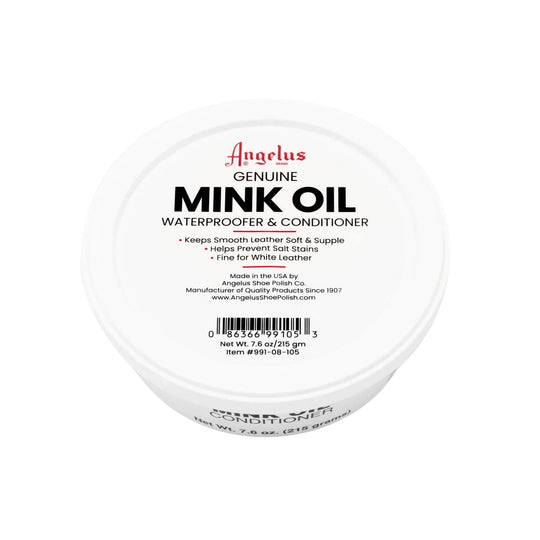 White round tin lid labeled "Mink Oil Waterproofer & Conditioner"