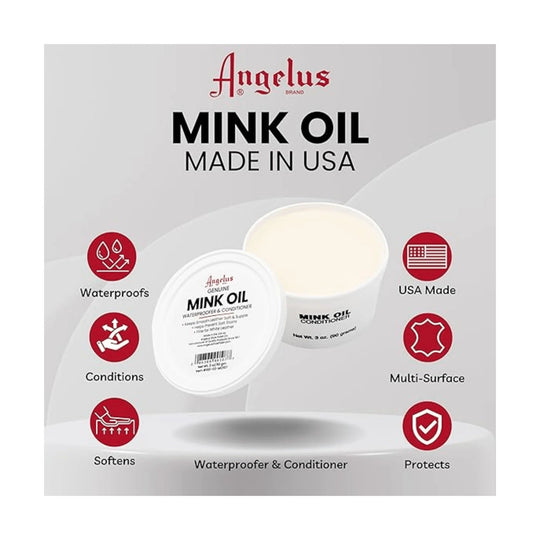 White tin of mink oil conditioner with matching lid, shown on a gray package graphic with red feature icons