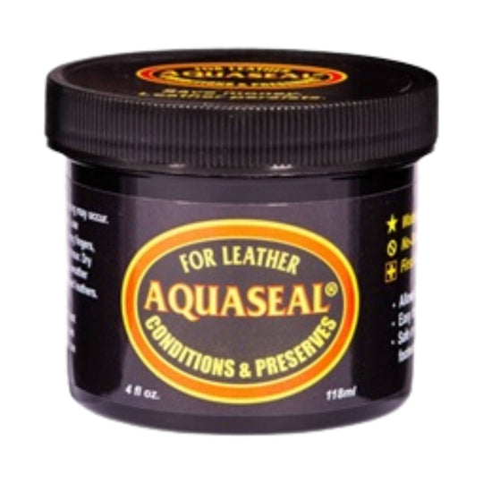 Black jar of leather conditioner with orange-and-yellow label and ribbed black lid