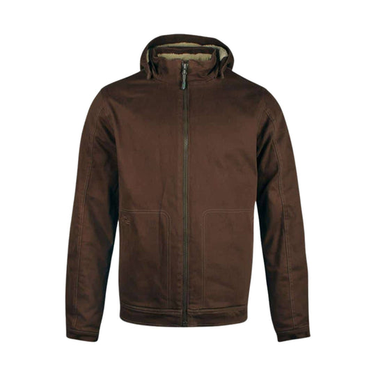 Brown zip-front hooded jacket with front pockets and fleece-lined hood