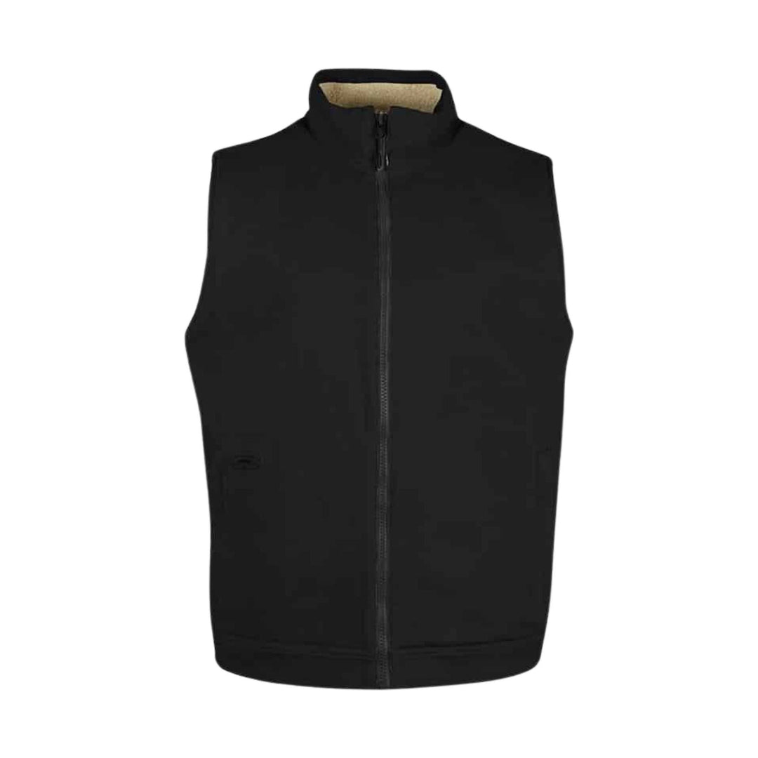 Black zip-front vest with stand collar and tan fleece lining