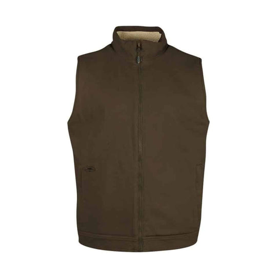 Brown zip-front insulated vest with standing collar and side pockets