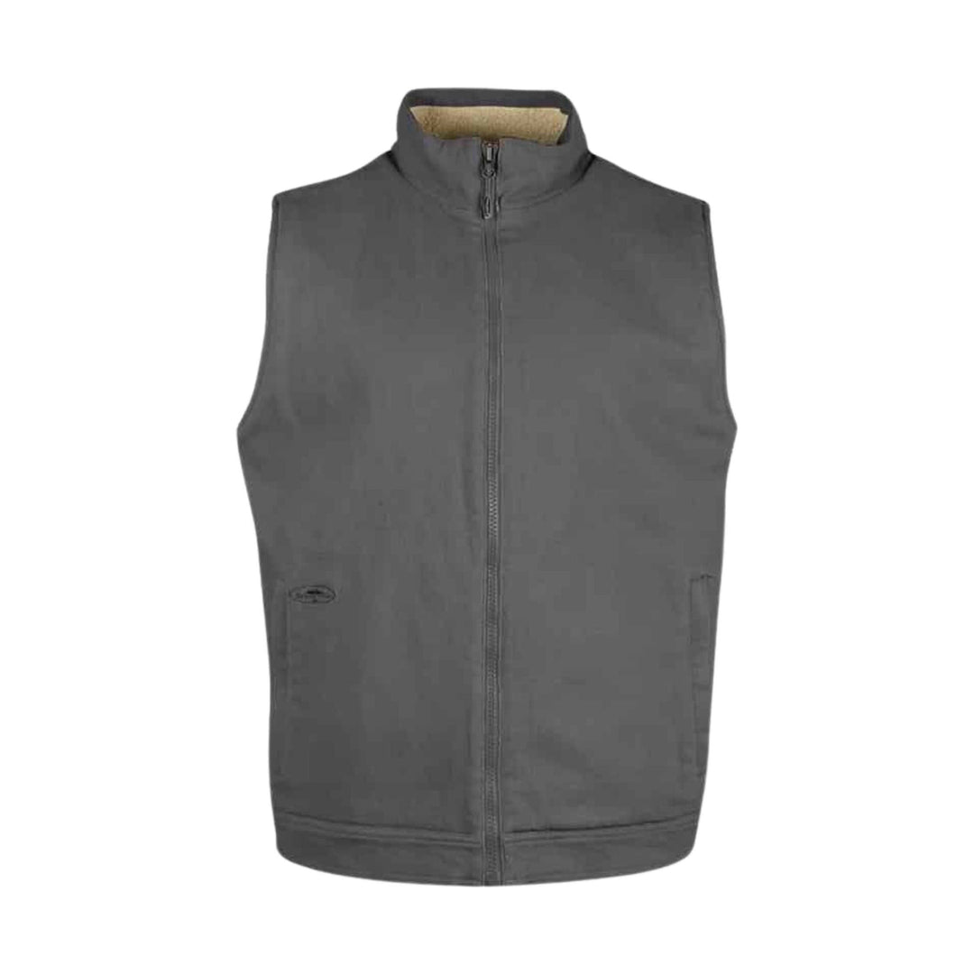 Gray zip-front vest with stand collar and fleece lining visible at the neck