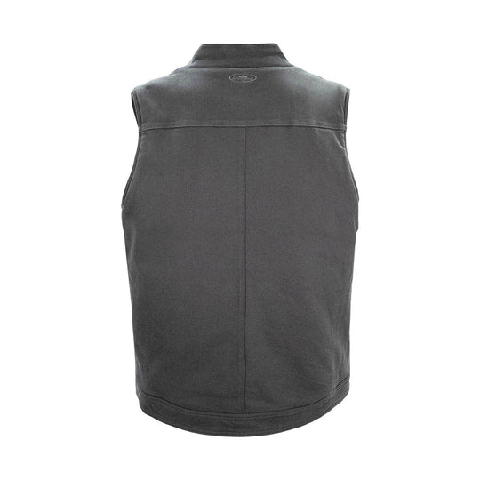 Dark gray sleeveless zip vest shown from the back
