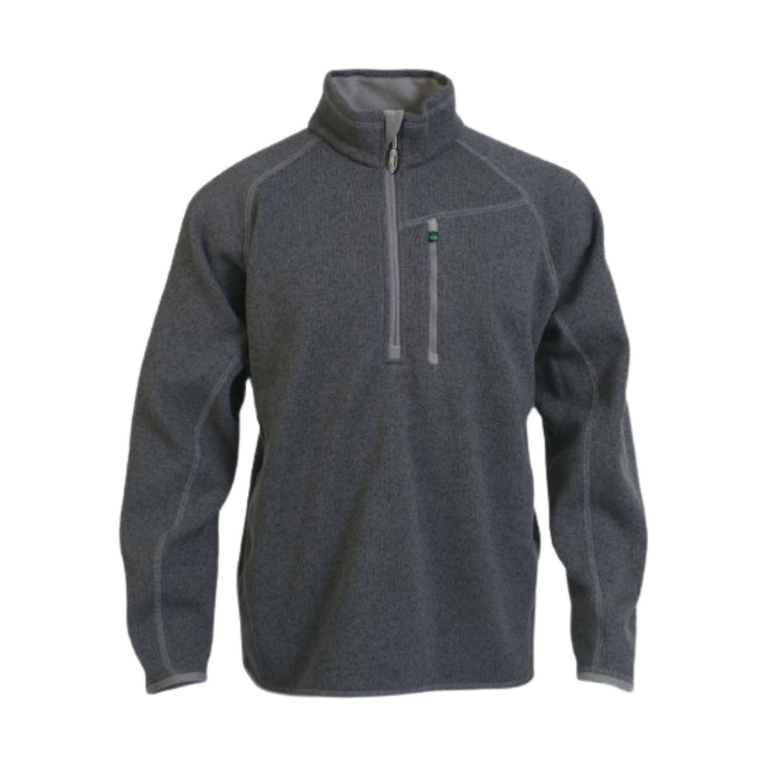 Dark gray quarter-zip fleece pullover with a stand collar, chest zip pocket, and long sleeves