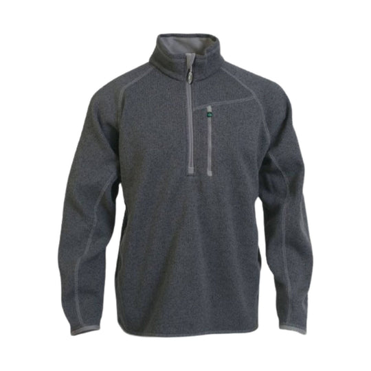 Dark gray quarter-zip fleece pullover with a stand collar, chest zip pocket, and long sleeves