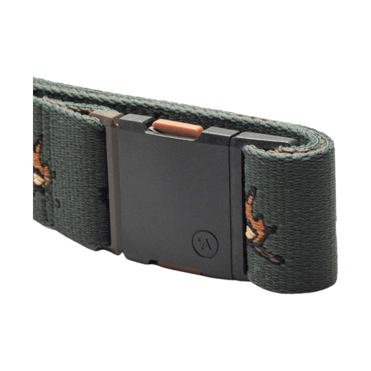 Dark green woven belt with a black buckle and orange accents