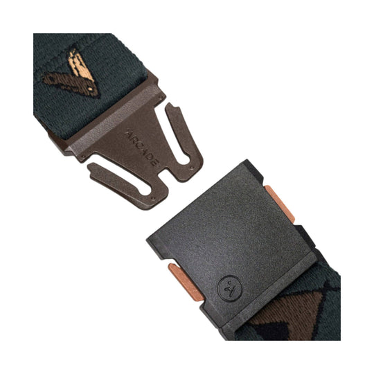 Webbing belt with a metal buckle stamped ARCADE and dark patterned strap