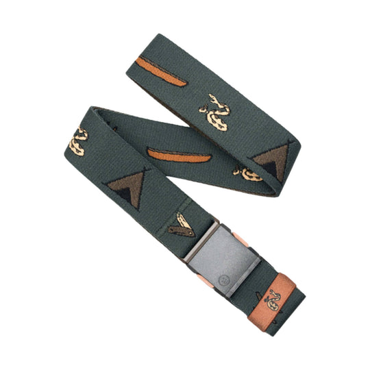 Dark green woven belt with orange accents and a gray metal buckle
