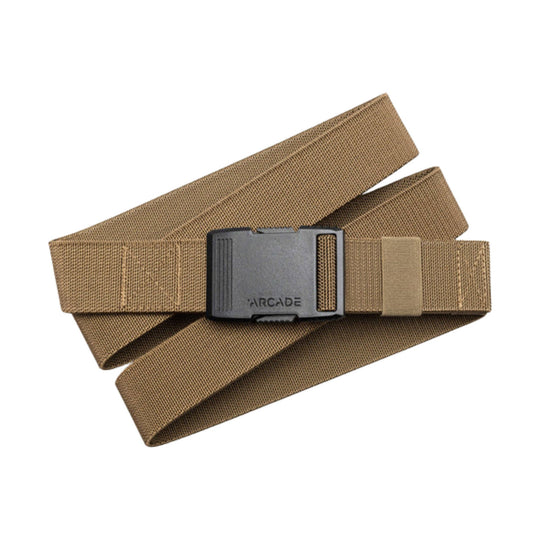 Tan woven webbing belt with a black buckle