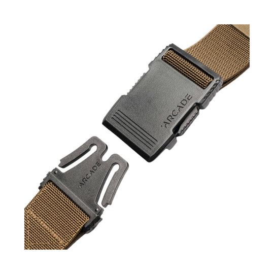 Tan woven belt with matte black quick-release buckle